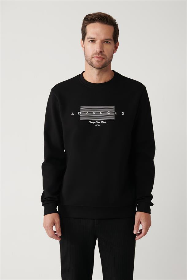 Siyah İnterlok Kumaş Bisiklet Yaka Baskılı Sweatshirt