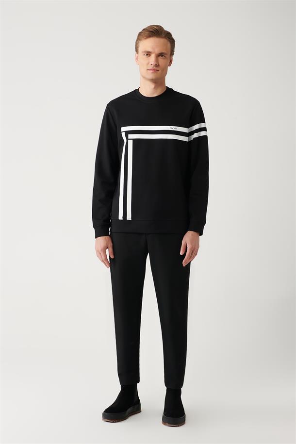 Siyah İnterlok Kumaş Bisiklet Yaka Baskılı Sweatshirt