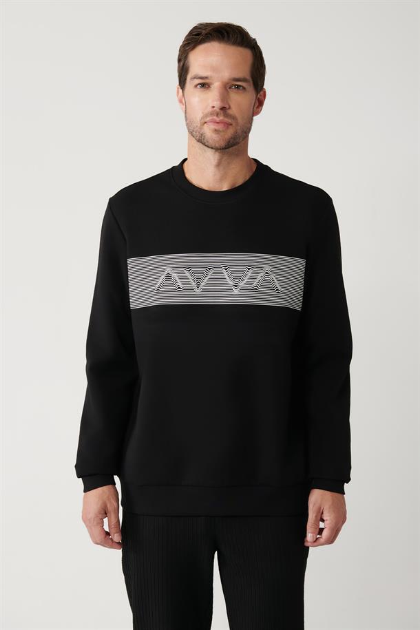Siyah İnterlok Kumaş Bisiklet Yaka Baskılı Sweatshirt