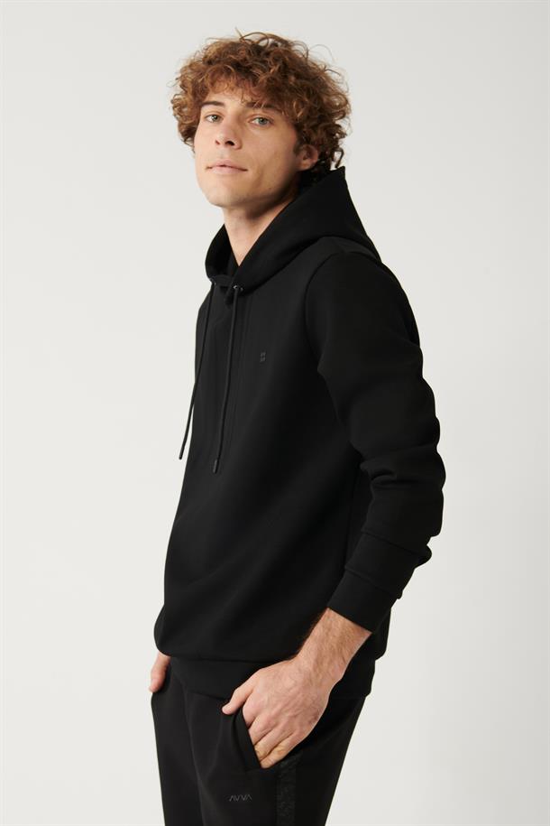 Siyah Kapüşonlu Esnek Yumuşak Doku İnterlok Kumaş Regular Fit Standart Kesim Sweatshirt