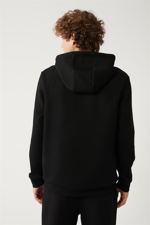 Siyah Kapüşonlu Esnek Yumuşak Doku İnterlok Kumaş Regular Fit Standart Kesim Sweatshirt