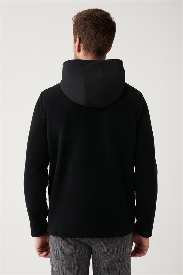 Siyah Kapüşonlu Yaka Garni Kumaş Detaylı Sweatshirt Polar