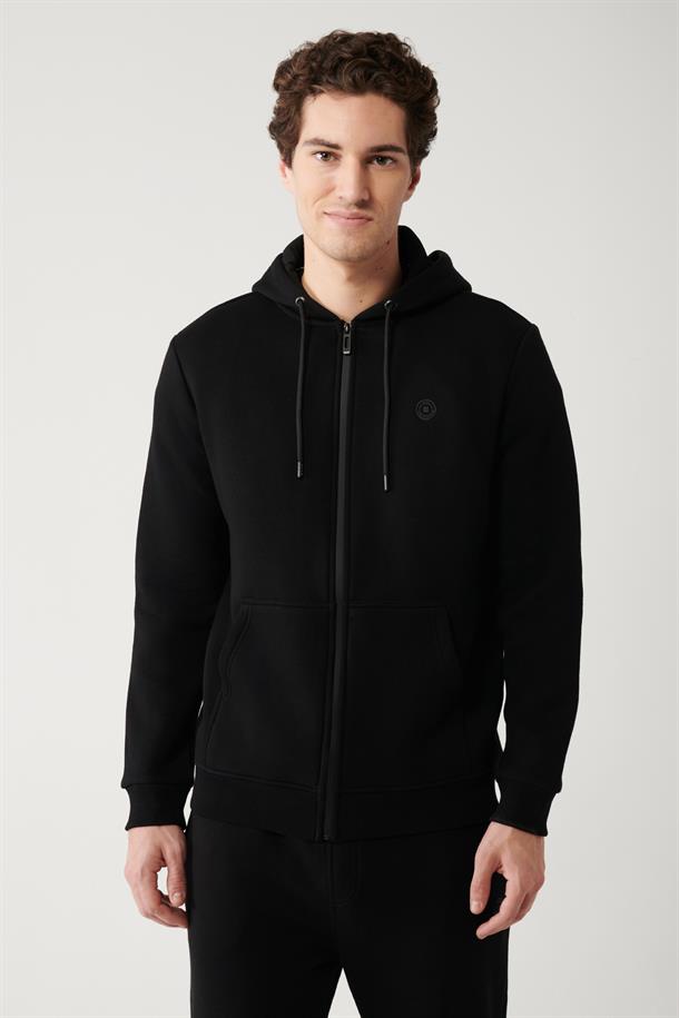 Siyah Kapüşonlu Yaka İçi Polarlı 3 İplik Fermuarlı Regular Fit Standart Kesim Unisex Hırka