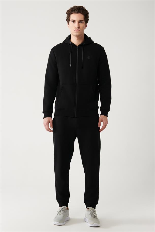 Siyah Kapüşonlu Yaka İçi Polarlı 3 İplik Fermuarlı Regular Fit Standart Kesim Unisex Hırka