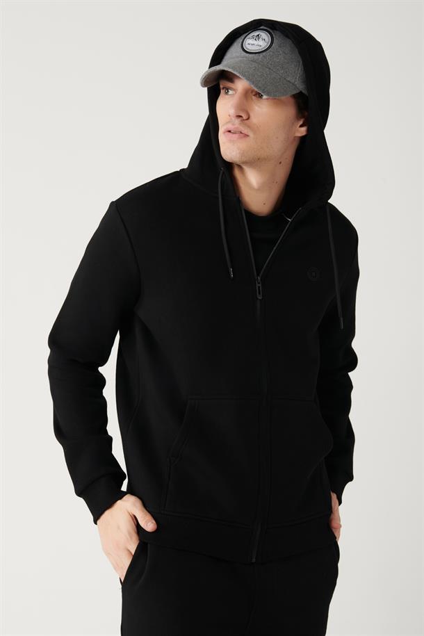 Siyah Kapüşonlu Yaka İçi Polarlı 3 İplik Fermuarlı Regular Fit Standart Kesim Unisex Hırka