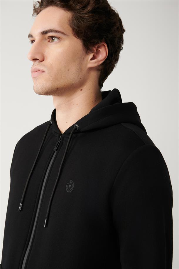Siyah Kapüşonlu Yaka İçi Polarlı 3 İplik Fermuarlı Regular Fit Standart Kesim Unisex Hırka
