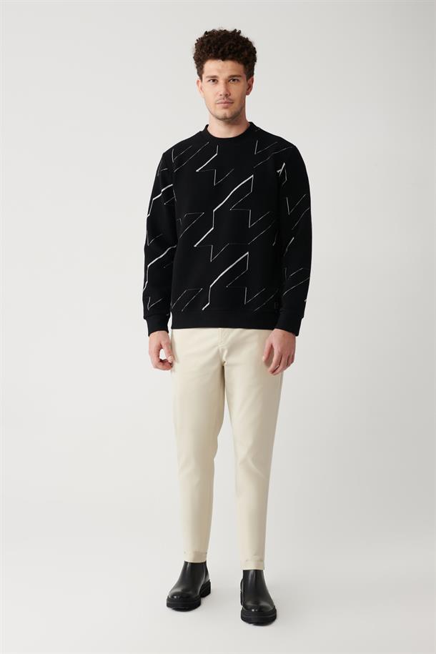 Siyah Ottomon Kumaş Bisiklet Yaka Jakarlı Sweatshirt