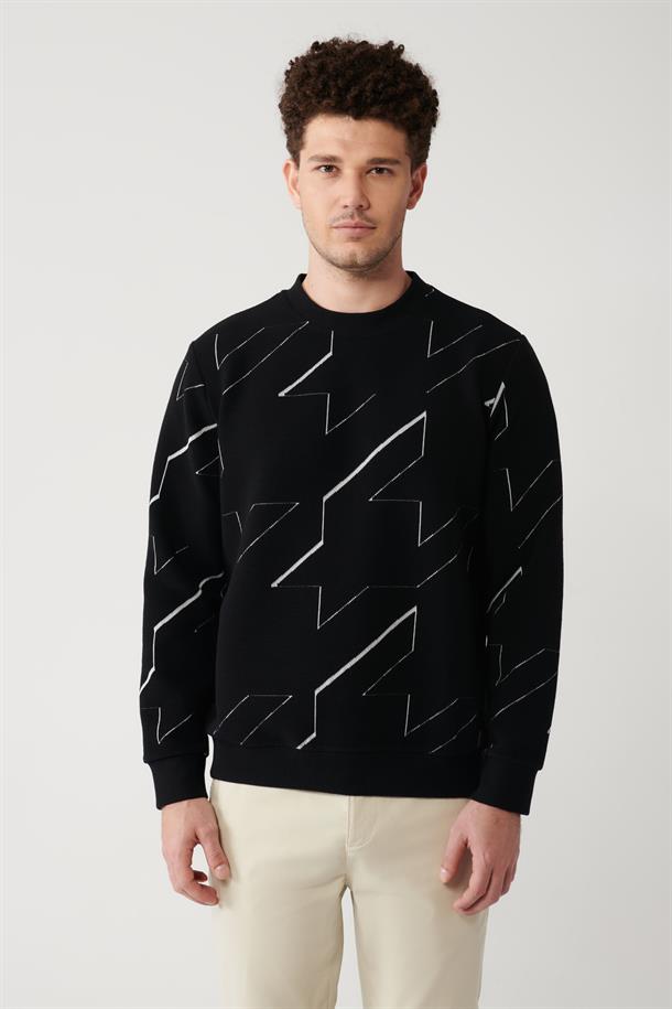 Siyah Ottomon Kumaş Bisiklet Yaka Jakarlı Sweatshirt