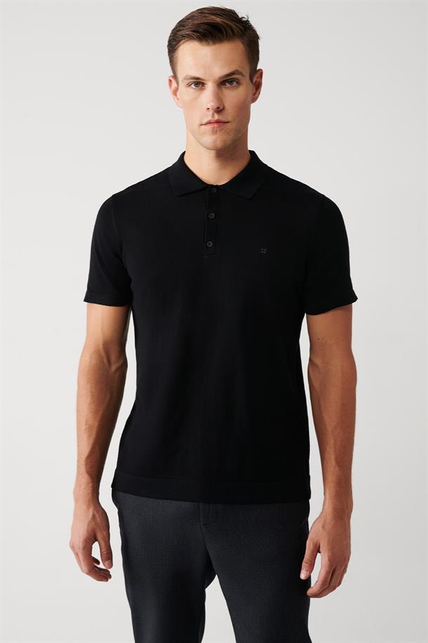 Siyah Pamuklu Polo Yaka Regular Fit İnce Triko T-Shirt