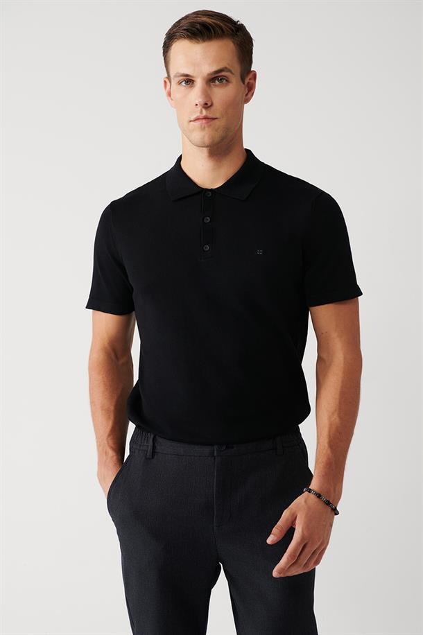 Siyah Pamuklu Polo Yaka Regular Fit İnce Triko T-Shirt