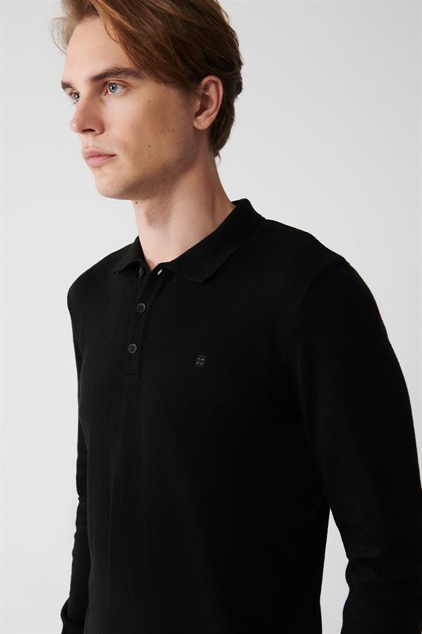 Siyah Polo Yaka Basic Unisex Triko Kazak
