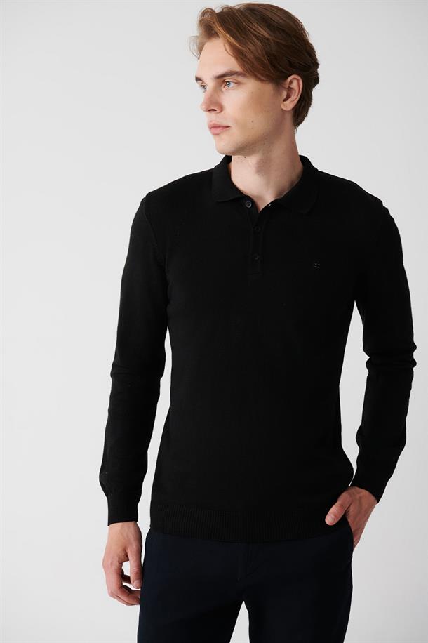 Siyah Polo Yaka Basic Unisex Triko Kazak