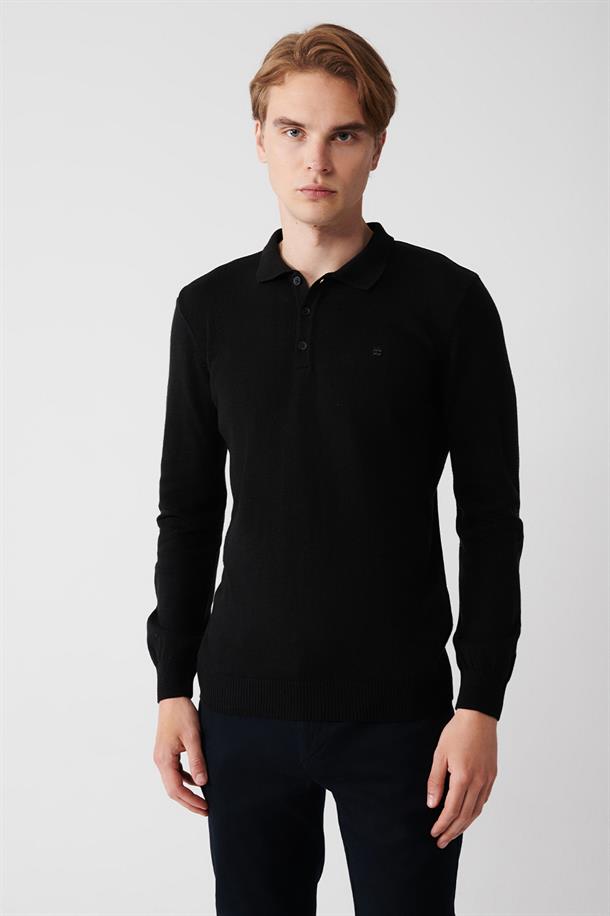 Siyah Polo Yaka Basic Unisex Triko Kazak