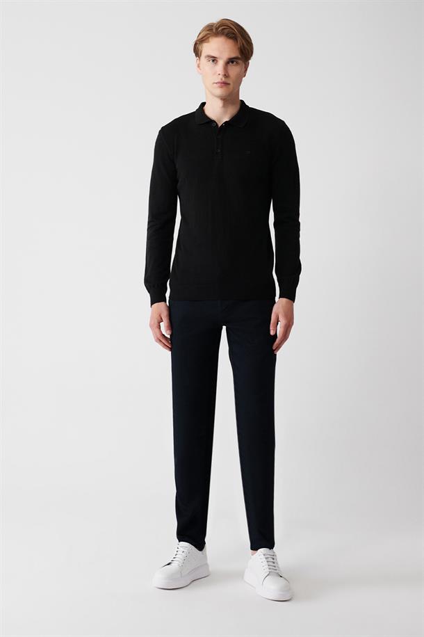 Siyah Polo Yaka Basic Unisex Triko Kazak