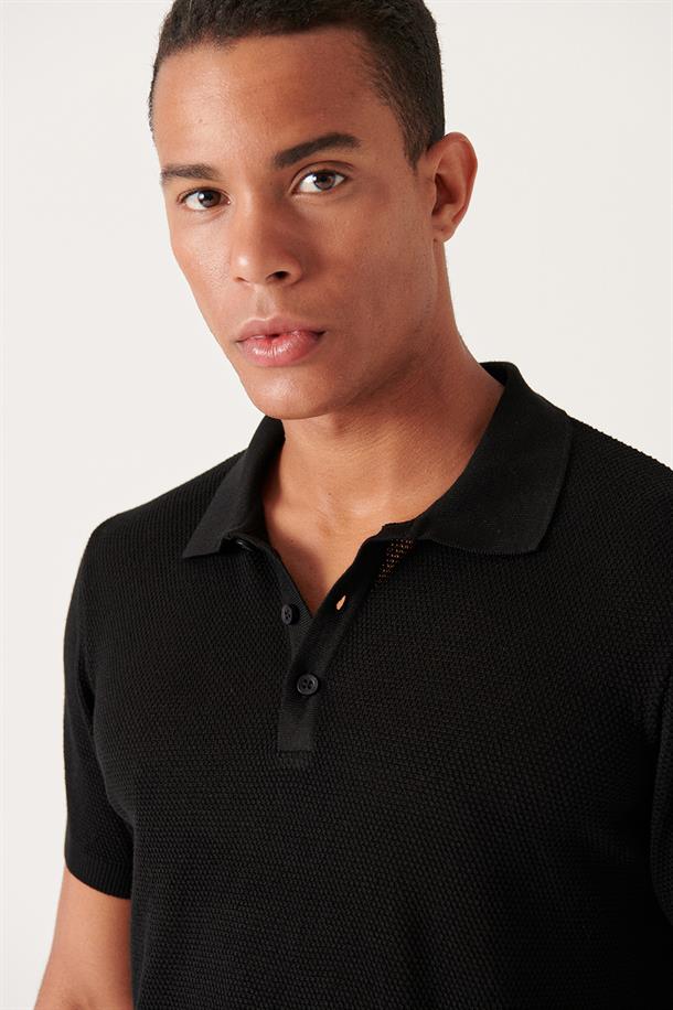 Siyah Polo Yaka Dokulu Basic Triko T-shirt