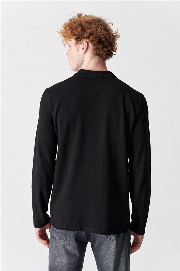 Siyah Polo Yaka Düz Sweatshirt