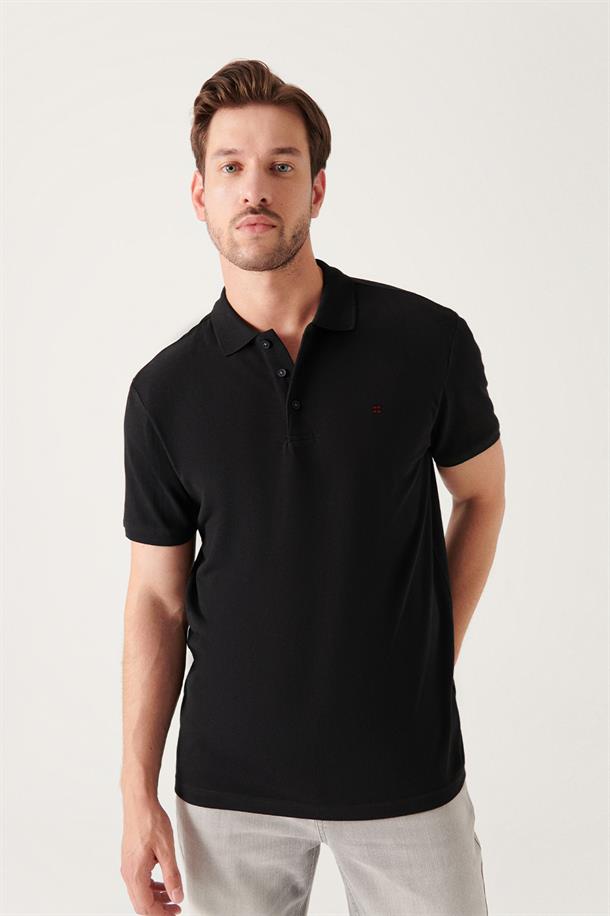 Siyah Polo Yaka Slim Fit %100 Pamuk Basic T-Shirt