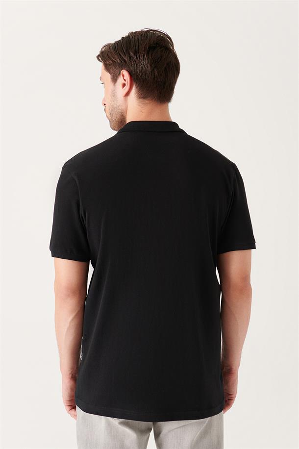 Siyah Polo Yaka Slim Fit %100 Pamuk Basic T-Shirt