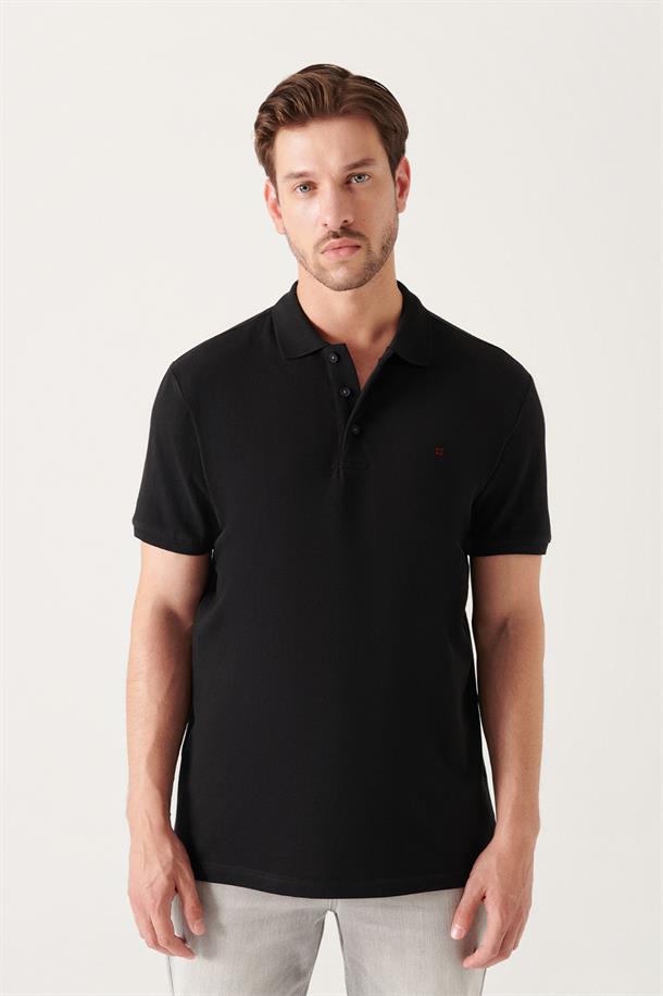 Siyah Polo Yaka Slim Fit %100 Pamuk Basic T-Shirt