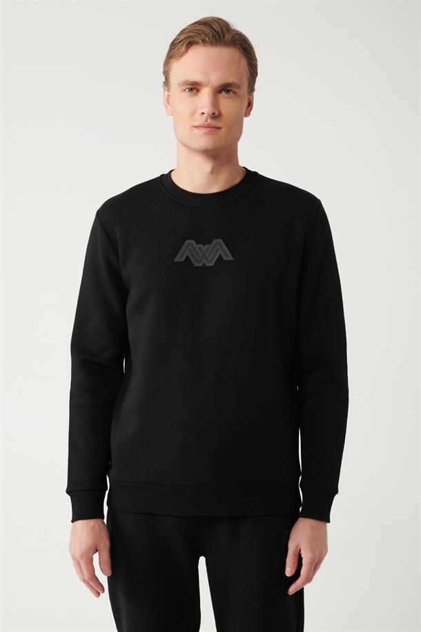 Siyah Şardonlu Kumaş Bisiklet Yaka Flok Baskılı Sweatshirt