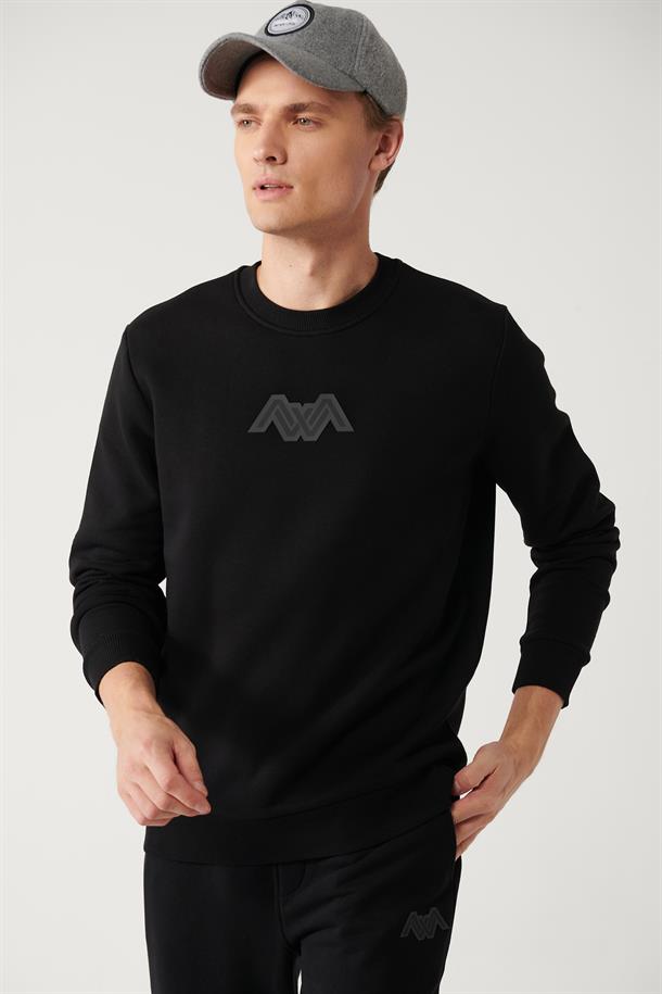 Siyah Şardonlu Kumaş Bisiklet Yaka Flok Baskılı Sweatshirt