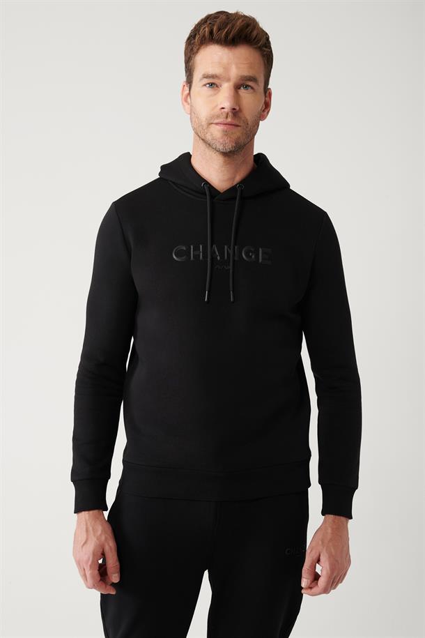 Siyah Şardonlu Kumaş Kapüşonlu Yaka Piramit Baskılı Sweatshirt
