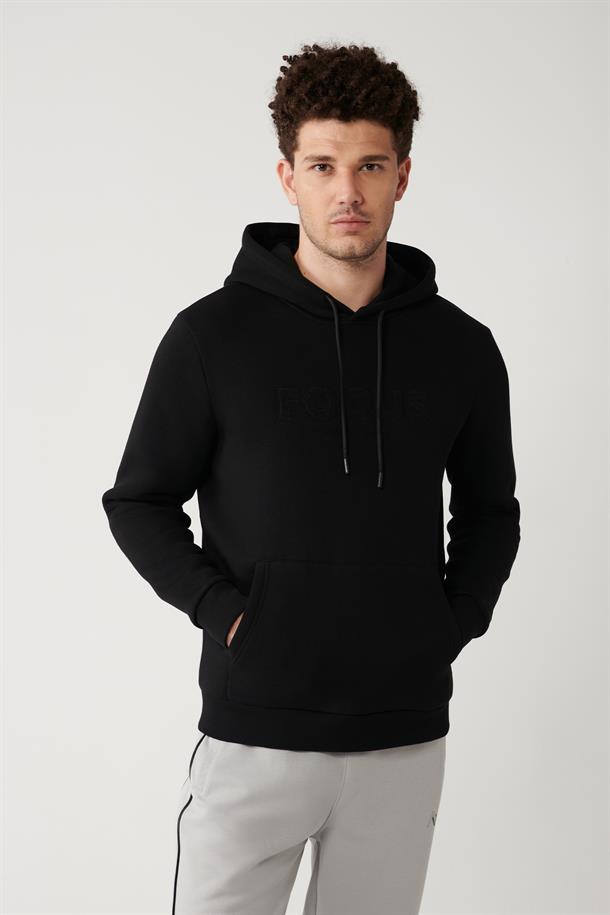 Siyah Şardonlu Kumaş Kapüşonlu Yaka Süzene Nakışlı Kanguru Cepli Sweatshirt