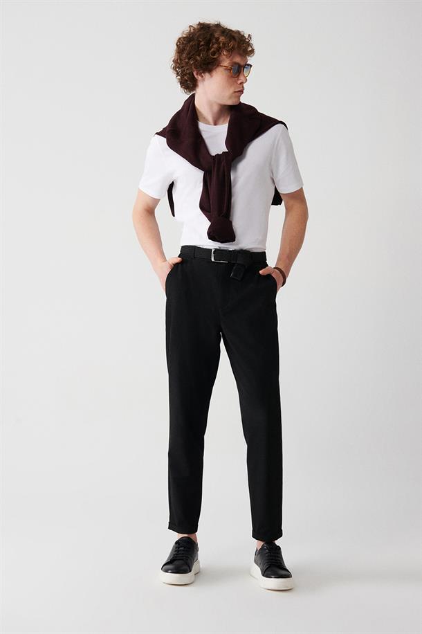 Siyah Slim Fit Chino Dokulu Pantolon