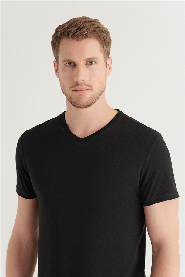 Siyah V Yaka Düz T-Shirt