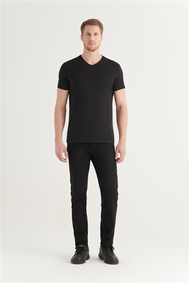 Siyah V Yaka Düz T-Shirt