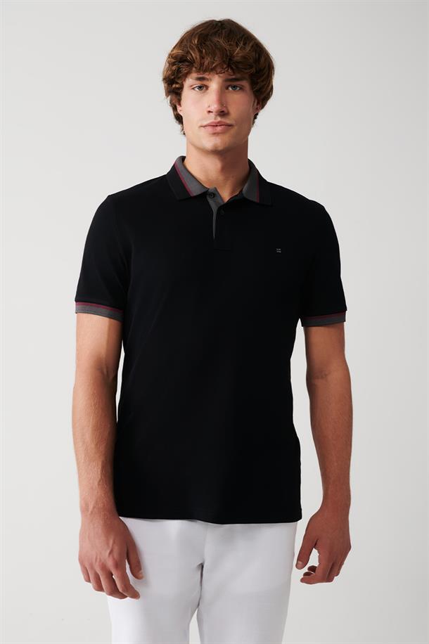 Siyah Yakası Çizgili %100 Pamuk Regular Fit 2 Düğmeli Polo Yaka T-Shirt