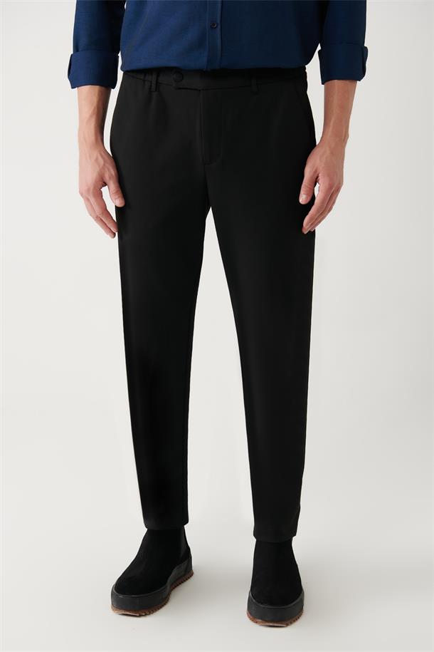 Siyah Yanı Lastikli Fleto Cep Fermuar Detaylı Slim Fit Örme Chino Pantolon