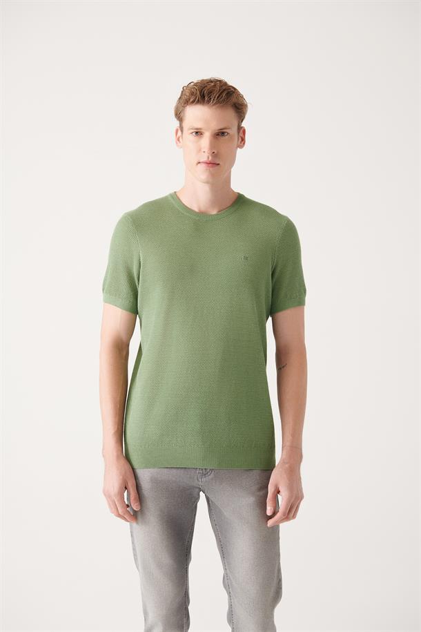 Su Yeşili Bisiklet Yaka Dokulu Basic Triko T-shirt