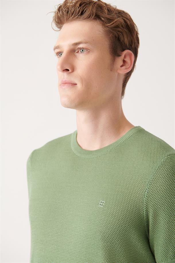 Su Yeşili Bisiklet Yaka Dokulu Basic Triko T-shirt