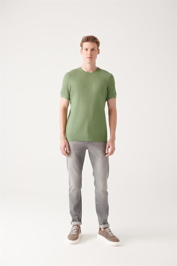 Su Yeşili Bisiklet Yaka Dokulu Basic Triko T-shirt