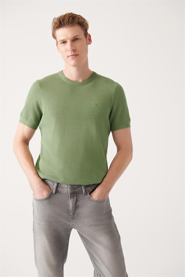 Su Yeşili Bisiklet Yaka Dokulu Basic Triko T-shirt