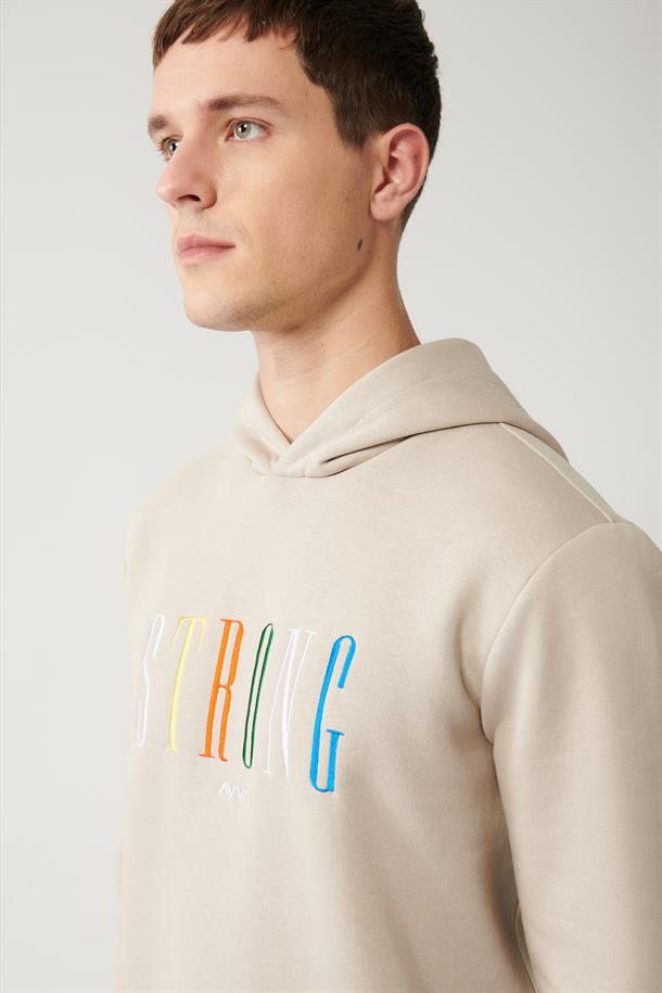 Taş Şardonlu Kumaş Kapüşonlu Yaka Nakışlı Sweatshirt