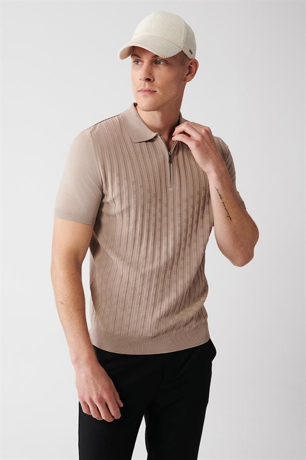 Vizon Polo Yaka Dokulu Rayon Triko T-shirt