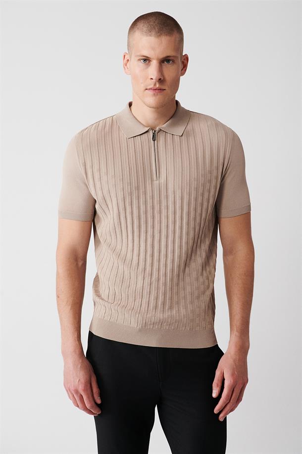 Vizon Polo Yaka Dokulu Rayon Triko T-shirt