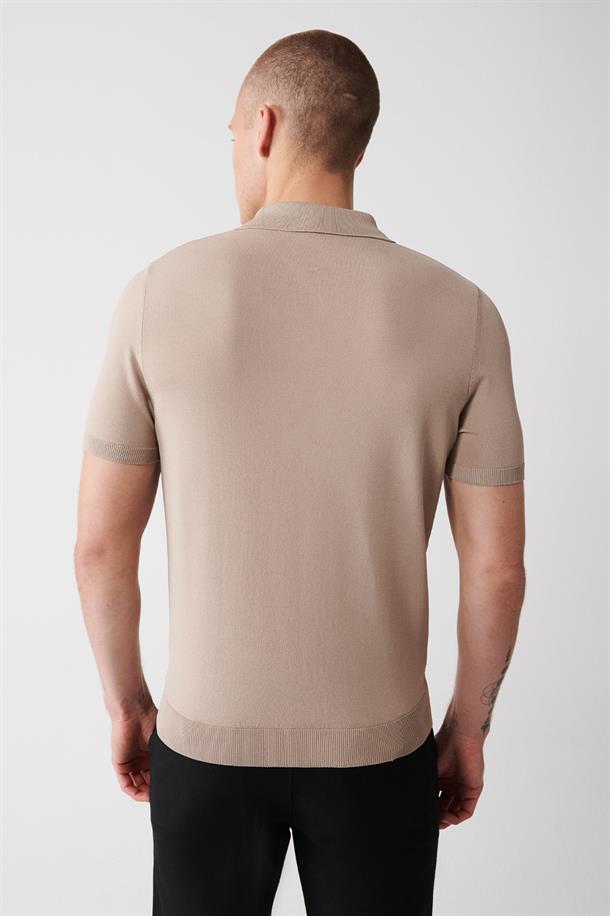 Vizon Polo Yaka Dokulu Rayon Triko T-shirt