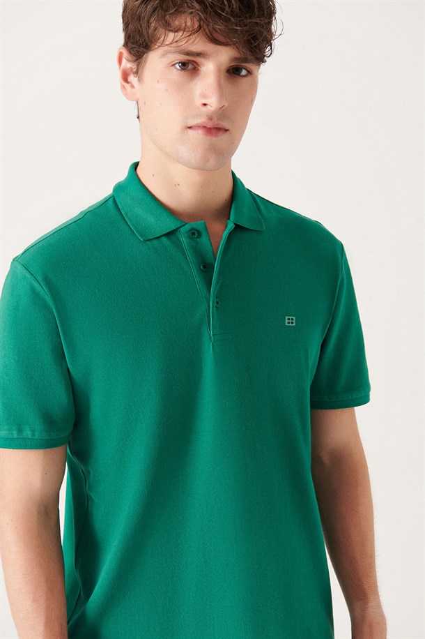 Yeşil Polo Yaka Slim Fit %100 Pamuk Basic T-Shirt