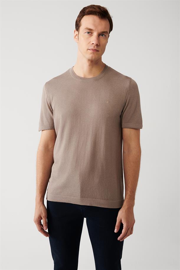 Vizon Bisiklet Yaka Pamuklu Regular Fit İnce Triko T-Shirt