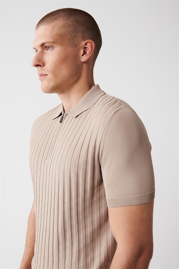 Vizon Polo Yaka Dokulu Rayon Triko T-shirt
