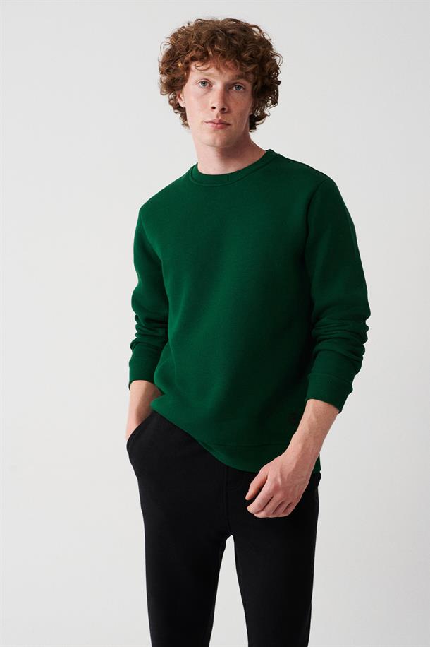 Yeşil Bisiklet Yaka İçi Polarlı 3 İplik Pamuklu Unisex Sweatshirt