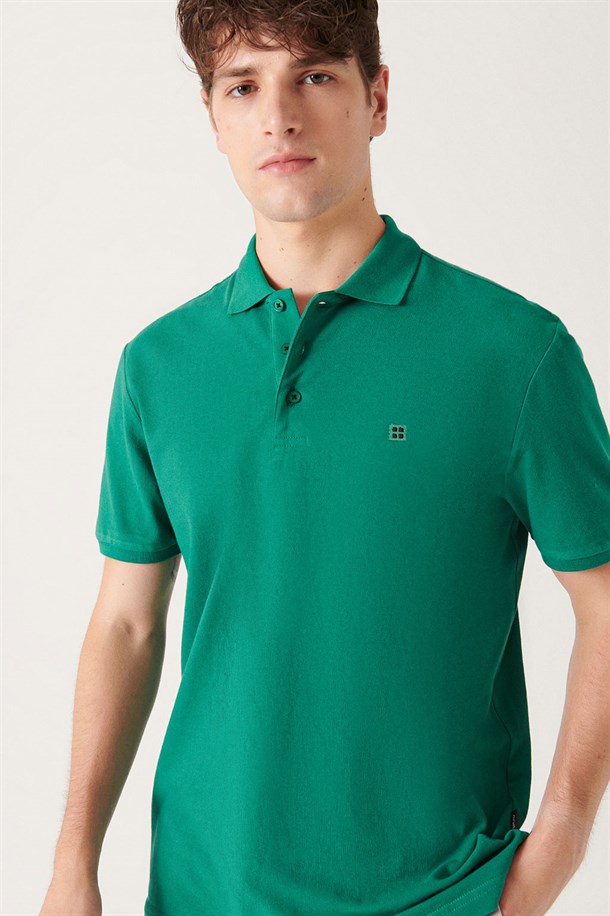 Yeşil Polo Yaka Slim Fit %100 Pamuk Basic T-Shirt