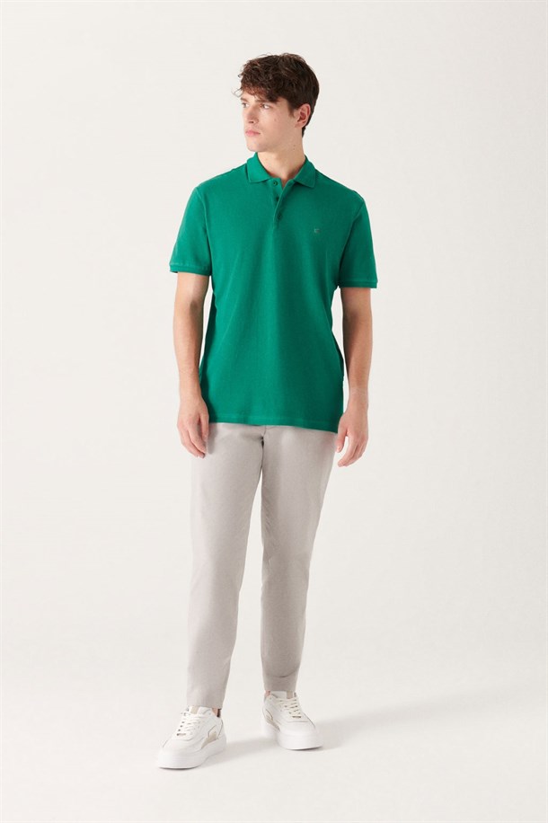 Yeşil Polo Yaka Slim Fit %100 Pamuk Basic T-Shirt