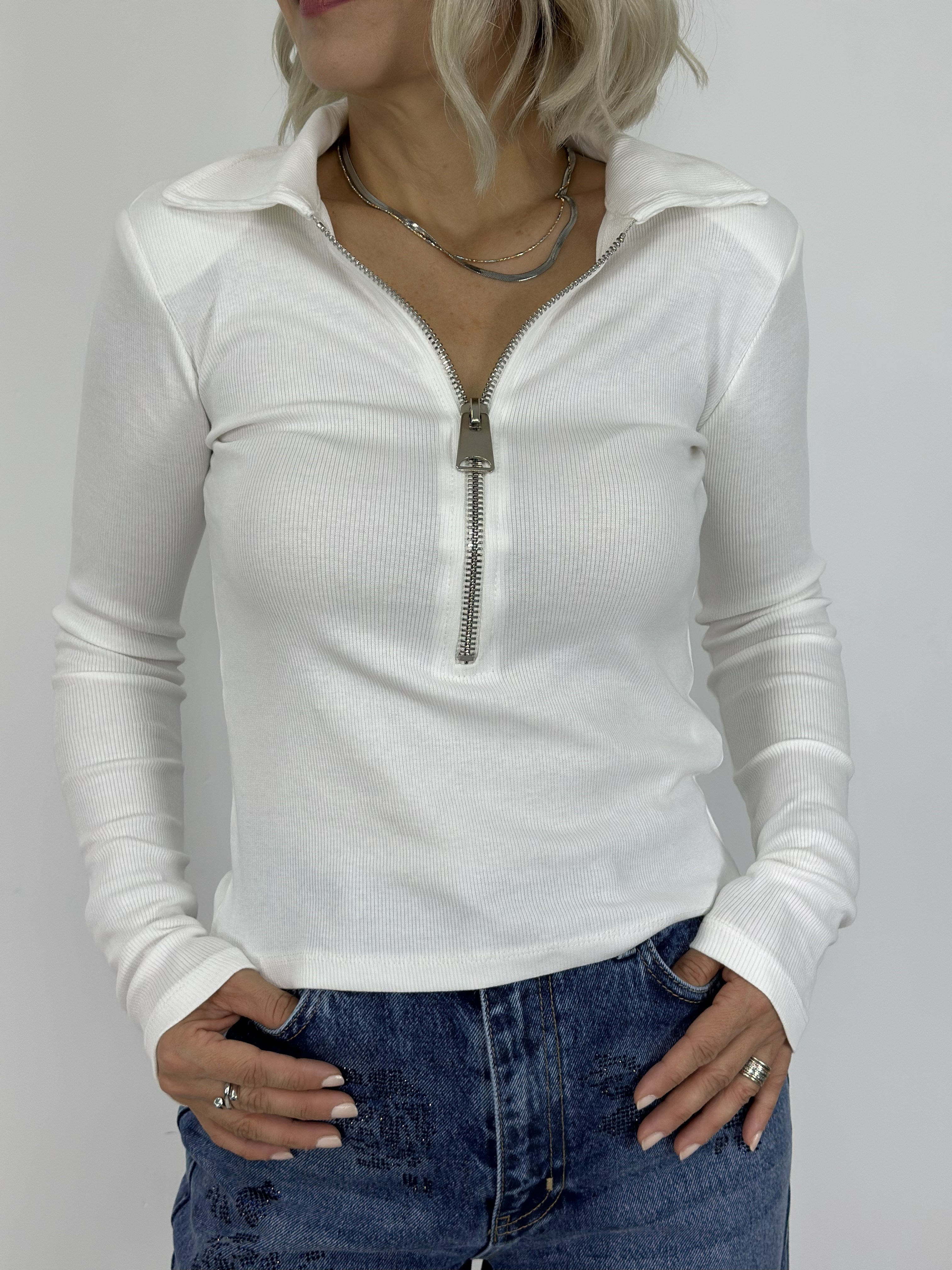 0412 POLO YAKA, FERMUAR DETAY, FİTİLLİ BLUZ