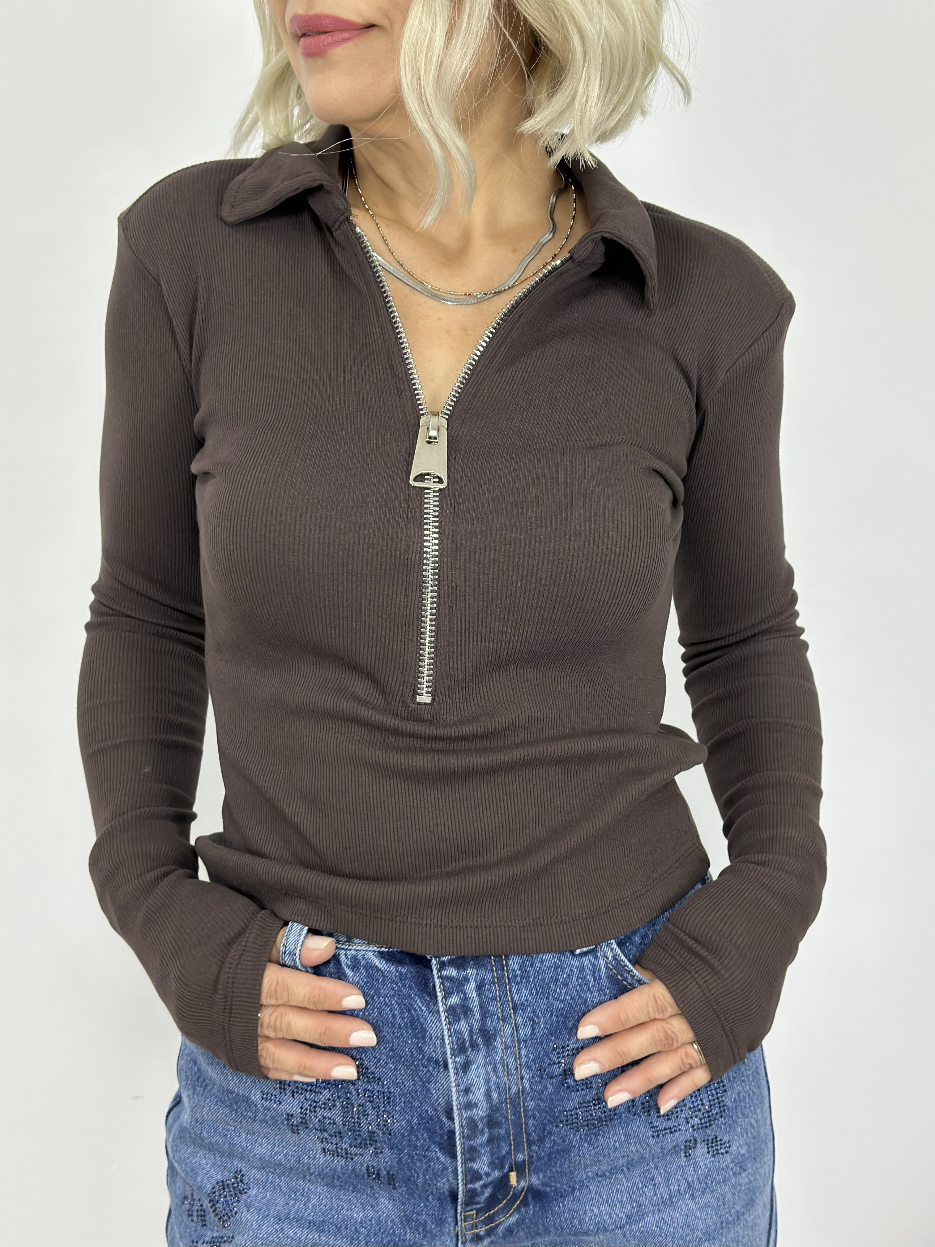 0412 POLO YAKA, FERMUAR DETAY, FİTİLLİ BLUZ