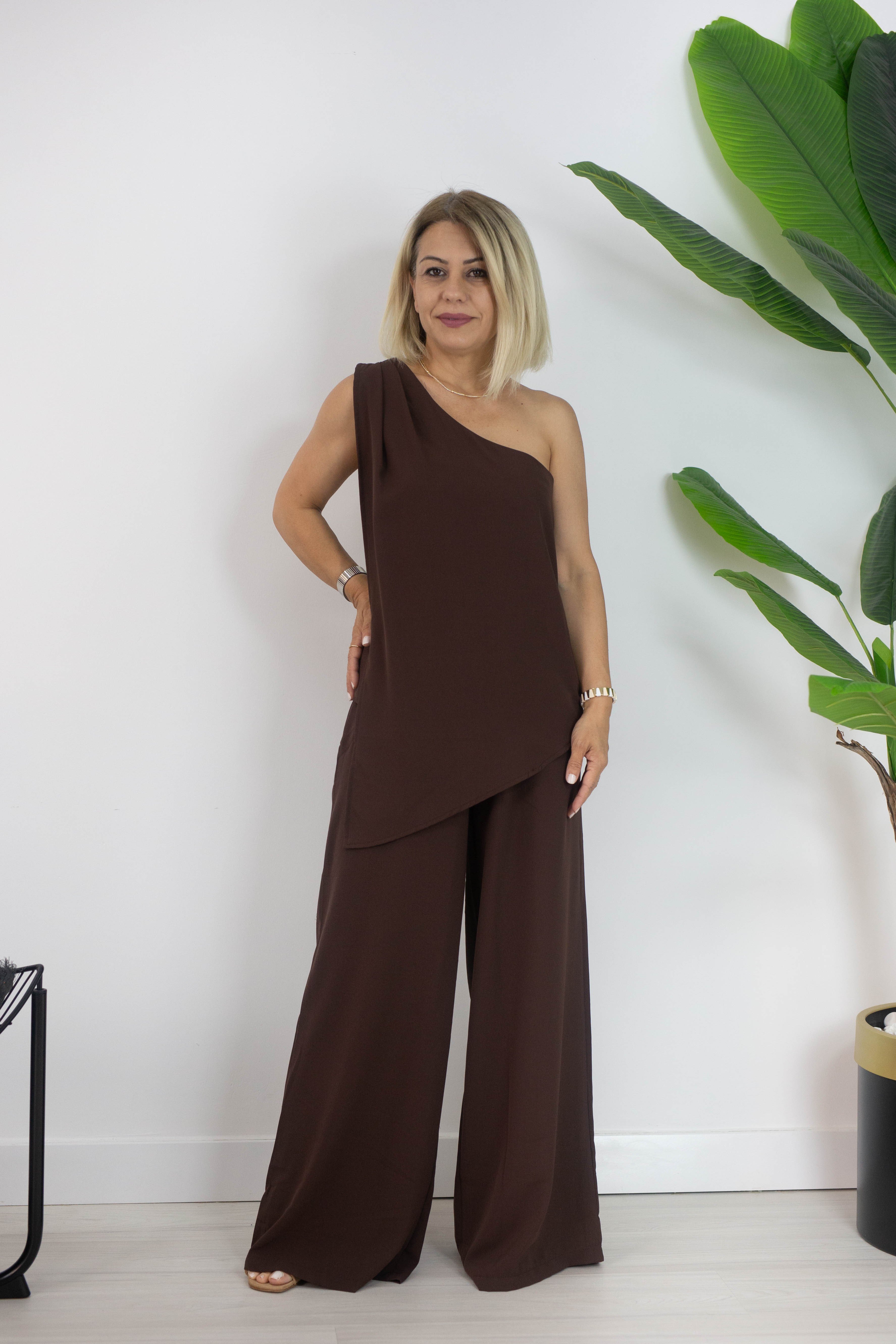 0457 TEK OMUZ BLUZ, BEL LASTİKLİ PANTOLON TAKIM