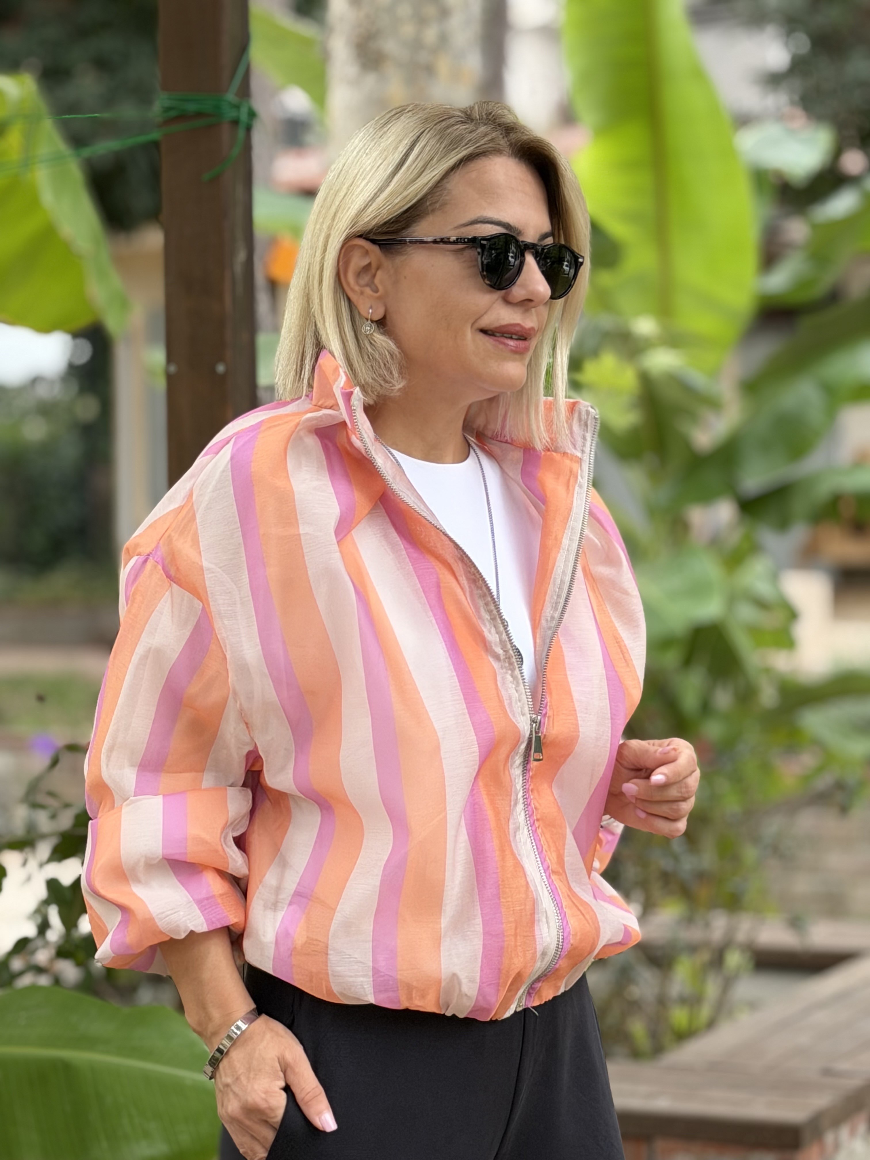 3331 Çizgili, Şifon, Astarlı, Bomber Ceket
